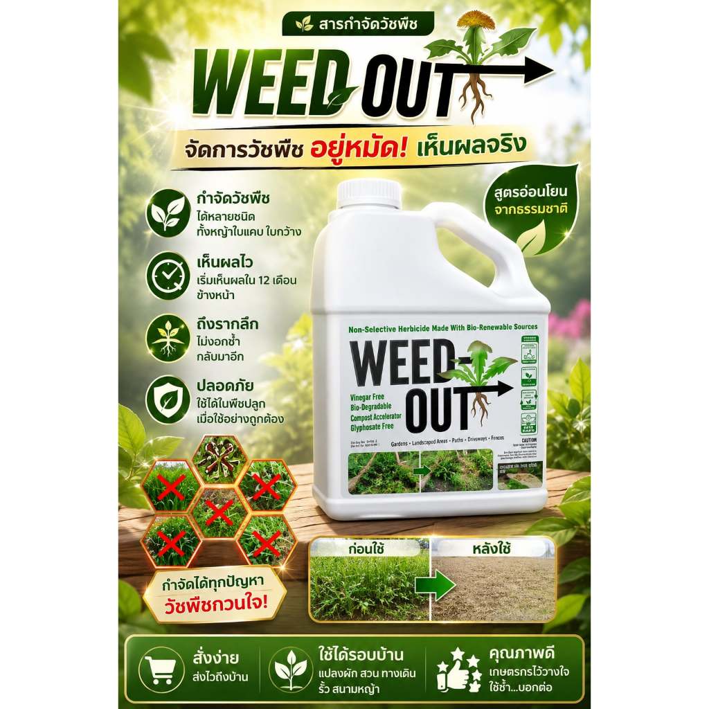 🌿 WEEDOUT กำจัดหญ้าครบวงจร ขนาด 1,000ml. ส่งฟรี ของแท้ ตัวจบทุกปัญหาหญ้ารก ช่วยให้แปลงสะอาดพร้อมสร้างผลผลิต