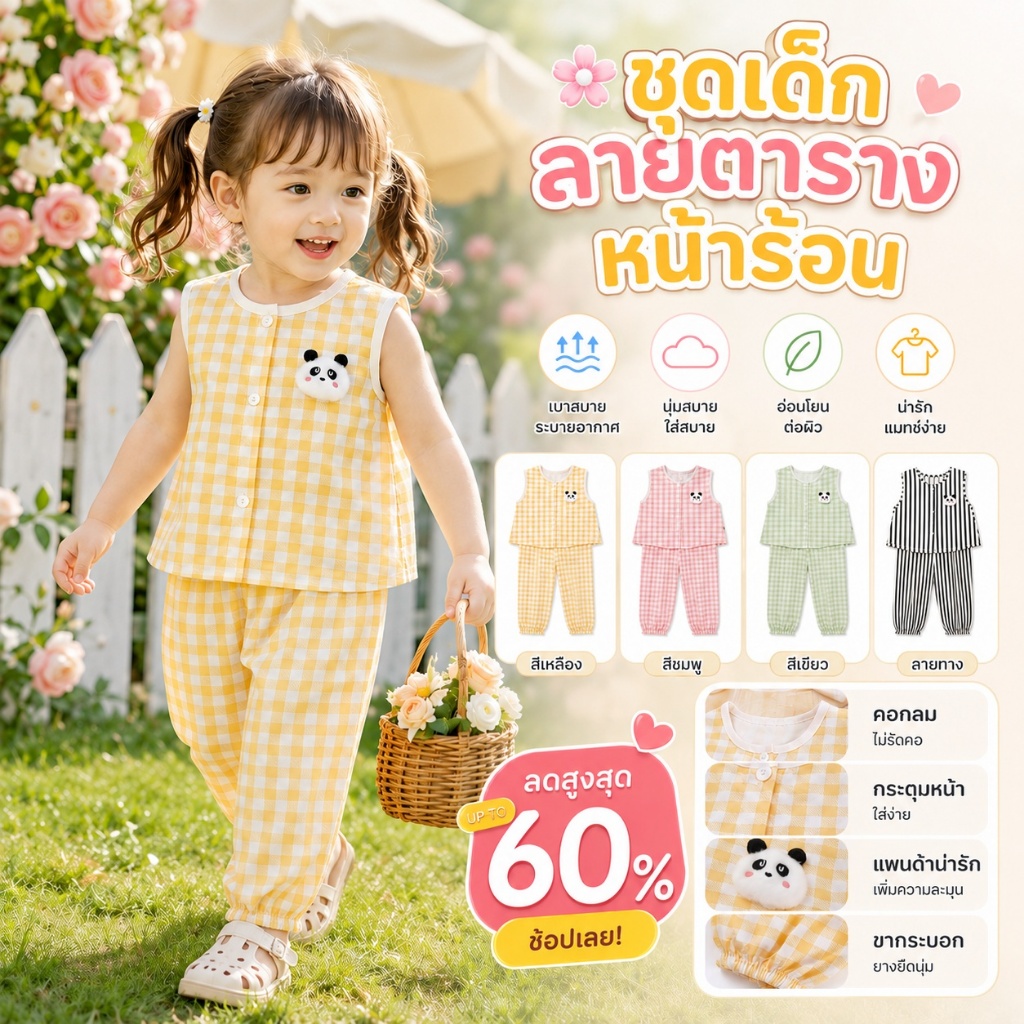 ชุดเซ็ตเด็กผู้หญิง เสื้อแขนกุดลายตาราง + กางเกงขาสั้น แพนด้าน่ารัก ใส่สบาย สำหรับเด็ก 6 เดือน-7 ปี