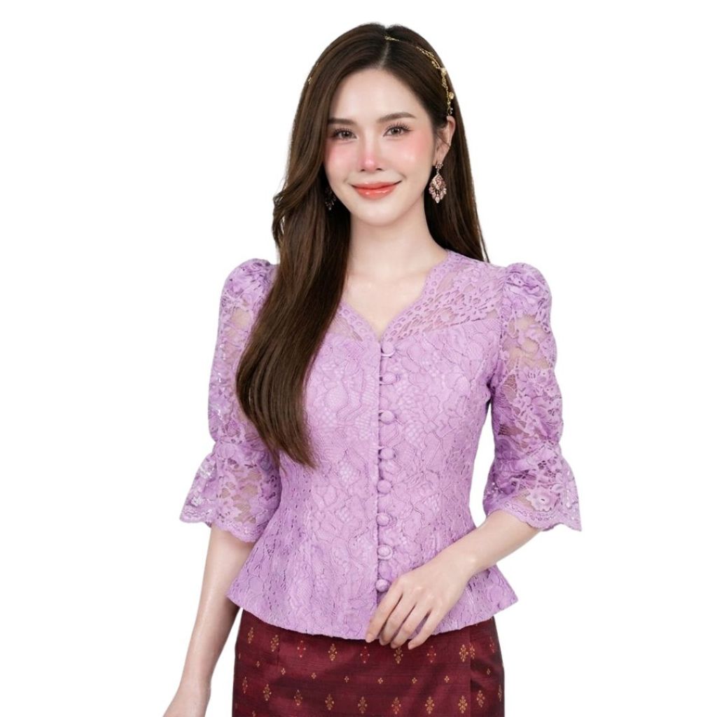 เสื้อลูกไม้อิตาลี คอวีแต่งหยัก แขนกระดิ่ง กระดุมหน้า อัดกาวเต็มตัว เสื้อไซส์ใหญ่ [รหัส นก]