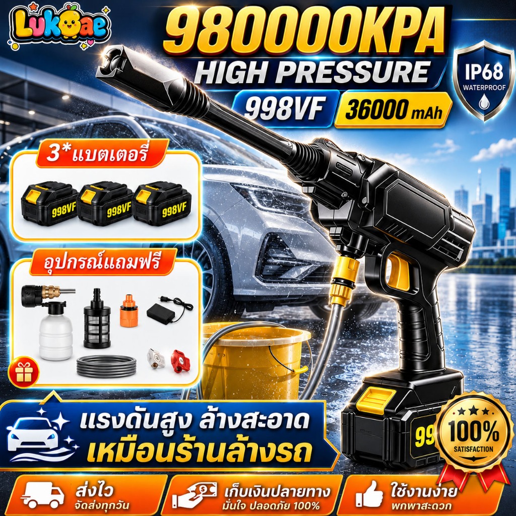 ล้างรถ ของแถม 8 ชิ้น! ปืนฉีดน้ำแรงดันสูง 998V แปรงล้างรถ ก้อน อายุการใช้งานแบตเตอรี่สูงสุด 80 นาที