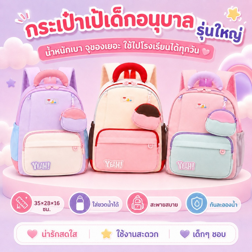 KiKi กระเป๋าเป้เด็กอนุบาล 14 นิ้ว รุ่นใหญ่ น้ำหนักเบา ช่องเยอะ กันละอองน้ำ ใส่ขวดน้ำได้ ไปโรงเรียน