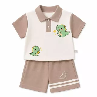 ชุดเด็กคอปกไดโนเสาร์น่ารัก เสื้อโปโลแขนสั้น+กางเกงขาสั้น ผ้านุ่ม ระบายอากาศดี