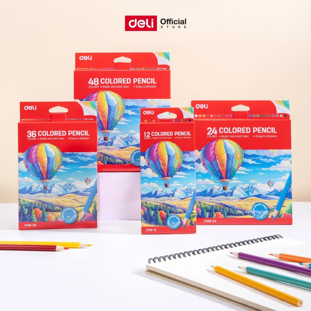 ดินสอสีไม้ Deli รุ่น EC108 สีคุณภาพ สีสดใส เม็ดสีแน่น ระบายลื่น เหลาง่าย ด้าม 6 เหลี่ยม สีไม้