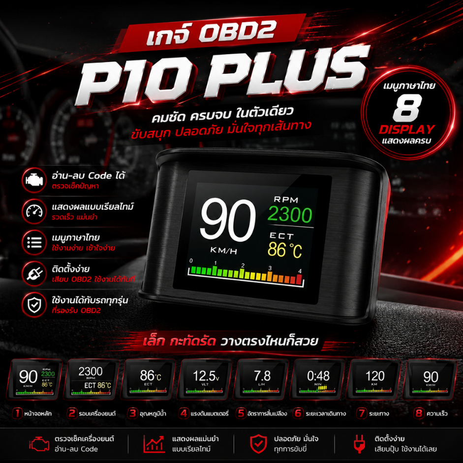 OBD2 สมาร์ทเกจ Smart Gauge Digital Meter/Display P10 Plus ของแท้เมนูภาษาไทย ทำให้ง่ายในการใช้งาน (พร
