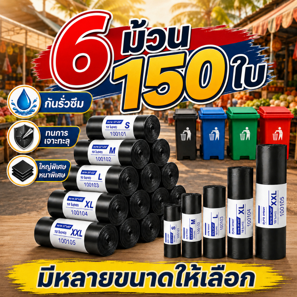 🔥ซื้อ 3 แถม 3🔥【ยอดคุ้มค่า】ถุงขยะ ถุงขยะสีดำ แพ็คเร็ป หลายขนาด  หนาแน่นไม่แตก พลาสติกคุณภาพ ไม่กลิ่น ขนาดมาตรฐาน /ห้อ