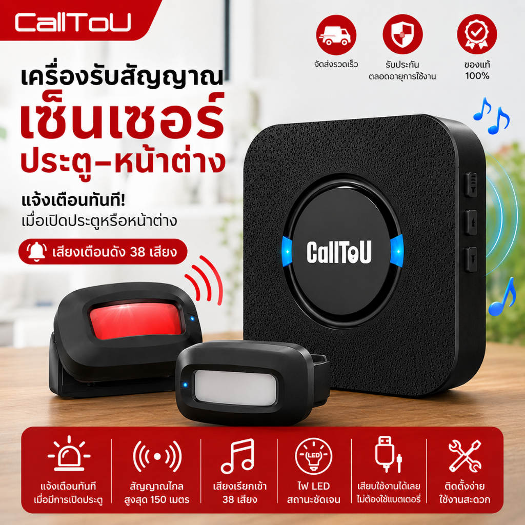 CallToU motion sensor เซ็นเซอร์ประตู ระบบตรวจจับการเคลื่อนไหวด้วยเซ็นเซอร์ 500 ฟุต สำหรับบ้าน/ผู้สูงอายุ/ผู้ป่วย