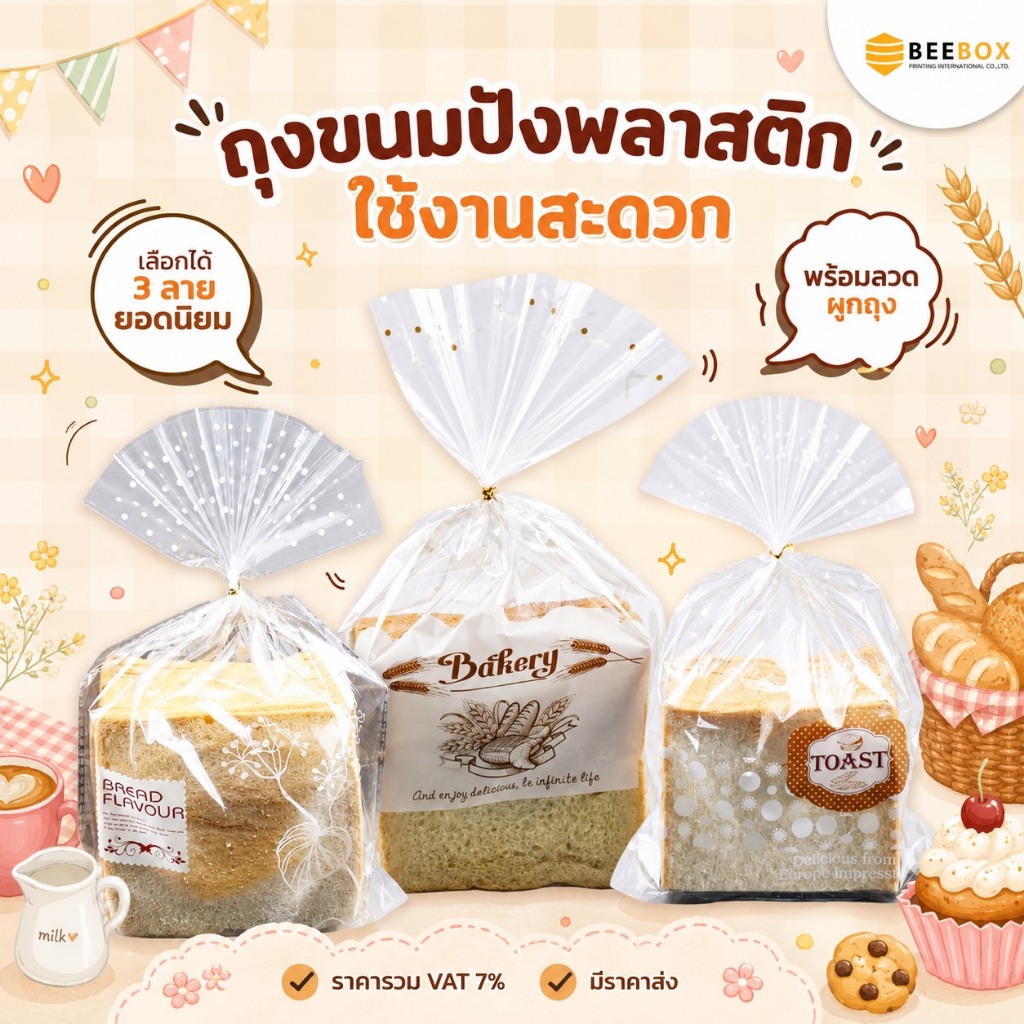 ถุงขนมปัง ถุงเบเกอรี่ แถมฟรีลวดปิดปากถุง มีราคาส่ง (1 แพค 50 ชิ้น)