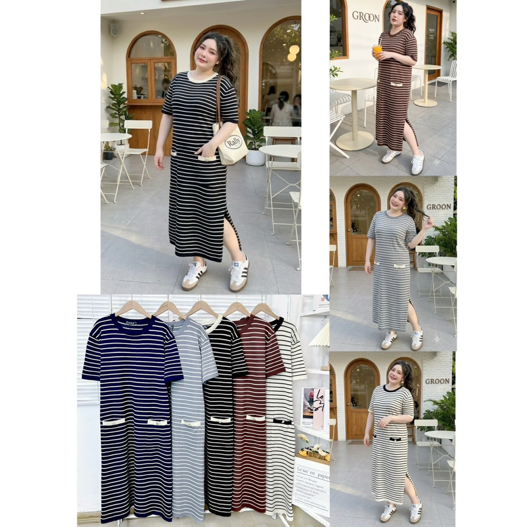 |ส่งด่วน/พร้อมส่ง| Seoul knitt dress เดรสคอกลม ผ้าไหมพรมลายริ้วแขนสั้น อก 40-60+(so)