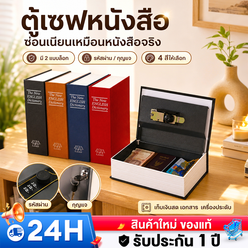 Book Safe ตู้นิรภัยรูปหนังสือ กล่องเซฟ ตู้เซฟ Box แบบพกพา กล่องเก็บเงิน ของขวัญ ตู้ซ่อนเซฟ รับประกัน3ปี