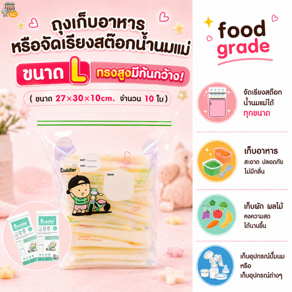 ถุงจัดเรียง Toddler ทรงสูงมีก้น ขนาด L 27×30×10cm (10 ใบ) ใส่สต๊อกน้ำนม–อาหาร มีหูหิ้ว ใช้ง่ายสะดวก