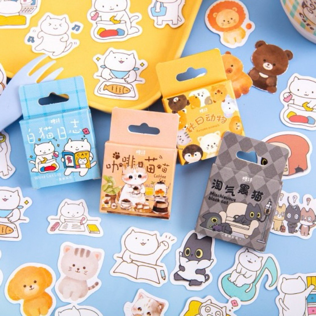 <พร้อมส่ง> สติ๊กเกอร์ แบบกล่อง 🐈 รวม แมว หมา สัตว์เลี้ยง🐕 Cat Dog Pets 45ชิ้น สติ๊กเกอร์กล่อง เทปวานิช อุปกรณ์ตกแต่ง