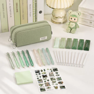 CAWL ชุดเครื่องเขียน: กระเป๋าใส่ปากกา ปากกาเจล(หมึกสีดำ) ไส้ปากกา(สีน้ำเงิน) ปากกาเน้นข้อความ เทปลบผิด โน้ตติด สติกเกอร์