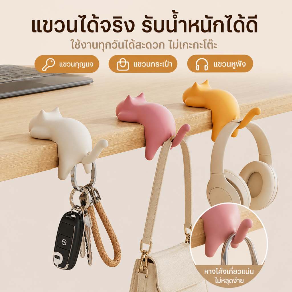 [จัดส่งจากประเทศไทย] ตะขอแขวนขอบโต๊ะลายแมว ไม่ต้องเจาะ ที่แขวนกระเป๋าใต้โต๊ะ จัดระเบียบโต๊ะ