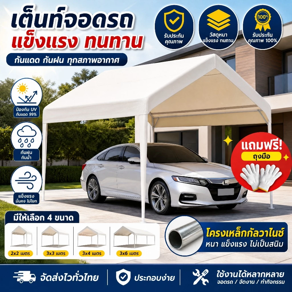 🔥พร้อมส่ง เต็นท์จอดรถ เต้นท์ขายของ 2x2 3x3 3x4m โครงเหล็กหนาพิเศษ ผ้าใบ 6800D กันแดด กันฝน