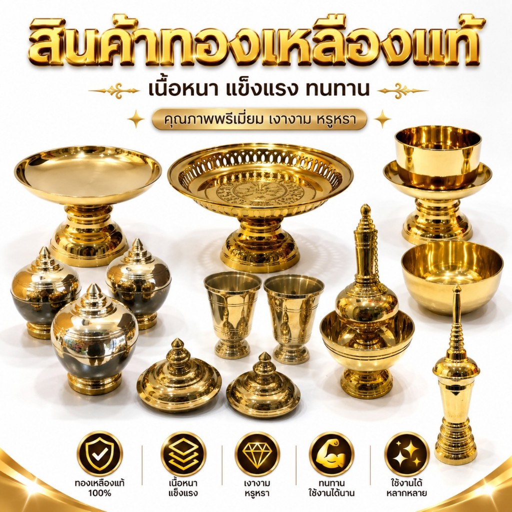✅ เกรดเนื้อหนามาก ✅ พานทองเหลือง พานกุหลาบ ที่กรวดน้ำ ผอบ โกศ ขัน ขันธ์ 5 แบบเนื้อหนา ทองเหลืองแท้ เกรดส่งออก
