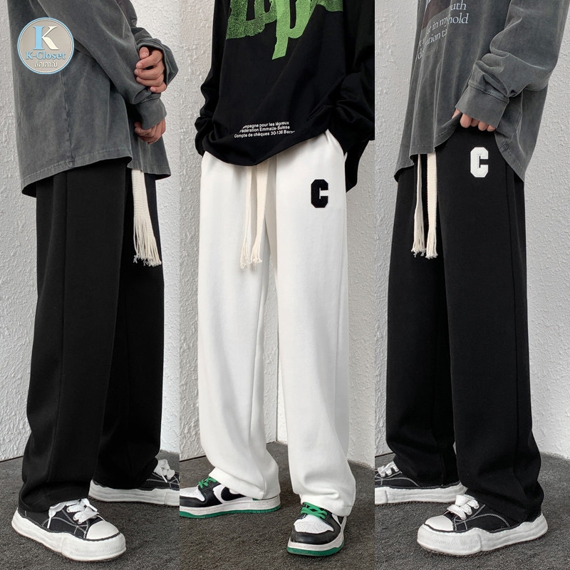 Baggy S-5XL กางเกงขายาวลำลองผู้ชาย ทรงขาตรง ทรงหลวม สไตล์เกาหลี ขอบเอวยางยืดพร้อมเชือกผูก