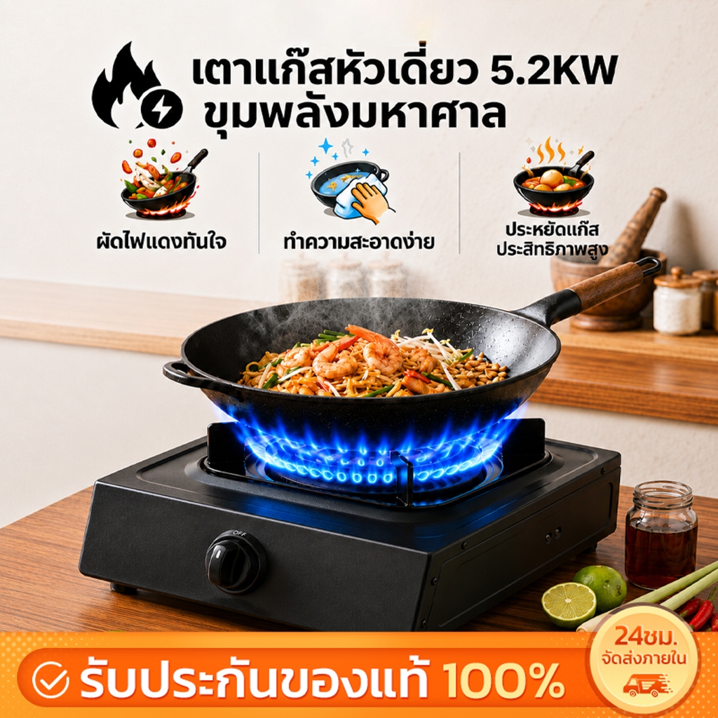 Tixx เตาแก๊สหัวเดียว 5.2KW ไฟแรงสำหรับอาหารไทย ตัดแก๊สอัตโนมัติ ประหยัดแก๊ส หอพัก คอนโด