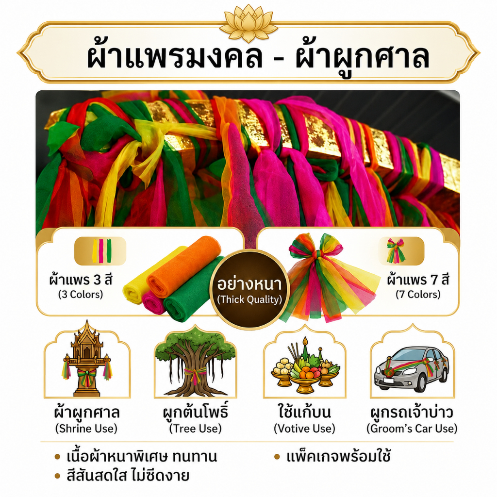 ผ้าแพร 3 สี 7 สี แบ่งขาย อย่างหนา ผ้าผูกศาล ใช้แก้บน ผูกต้นโพธิ์ ผูกรถเจ้าบ่าว