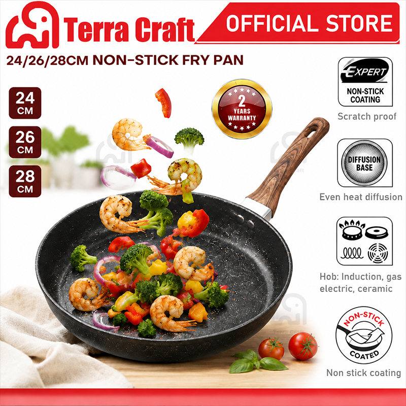 Terra Craft 24/26/28cm การเคลือบหินทางการแพทย์ กระทะไม่ติด ทนทานและใช้งานได้ยาวนาน สีดำ สำหรับใช้กับเตาแก๊สเท่านั้น