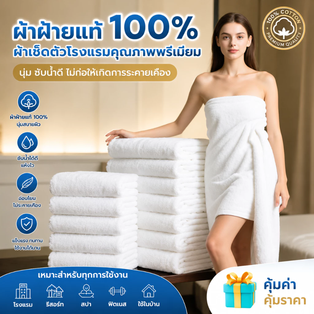 ราคาส่ง Cotton 100% ผ้าเช็ดตัว เกรดโรงแรม ผ้าขนหนู ขนาดใหญ่พิเศษ ขนาด 80x180 ขนาดใหญ่พิเศษ วัสดุหนาและนุ่ม