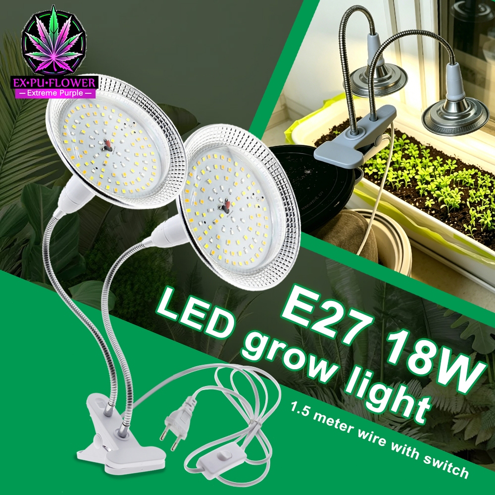 หลอดไฟปลูกต้นไม้ E27 100-265V 18W ไฟปลูกต้นไม้ Full Spectrum LED Grow Light เติบโตด้วยแสงด้วยที่ยึดโคมไฟ