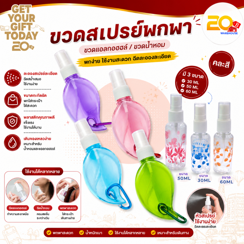 20warehouse ขวดสเปรย์ขนาดพกพา ขวดสเปรย์เปล่า ขวดพลาสติกใส หัวสเปรย์ รูปทรงใบไม้