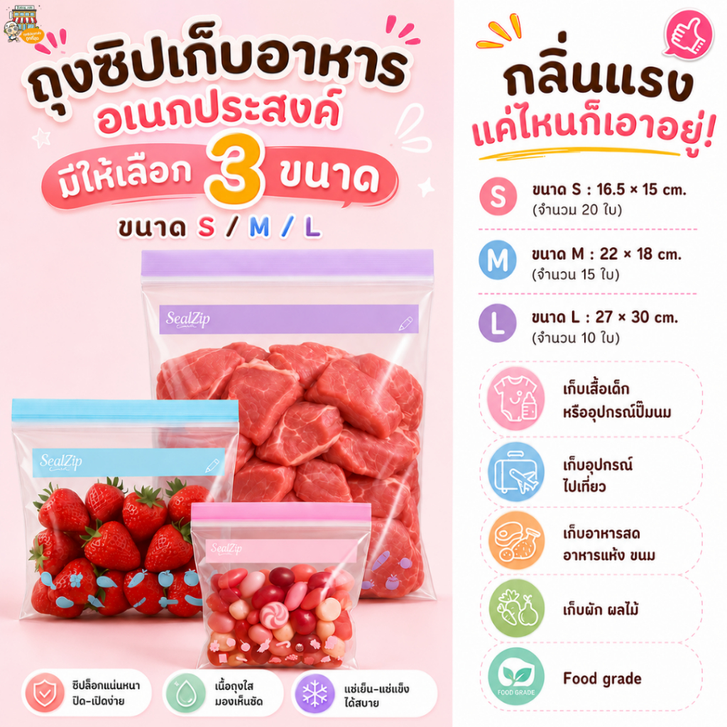 ถุงซิปใส่อาหาร SealZip รุ่น Standard ราคาส่งสุดคุ้ม มี 3ขนาด S/M/L ใส่ได้ทั้งของสดและของแห้ง ซิปแน่น