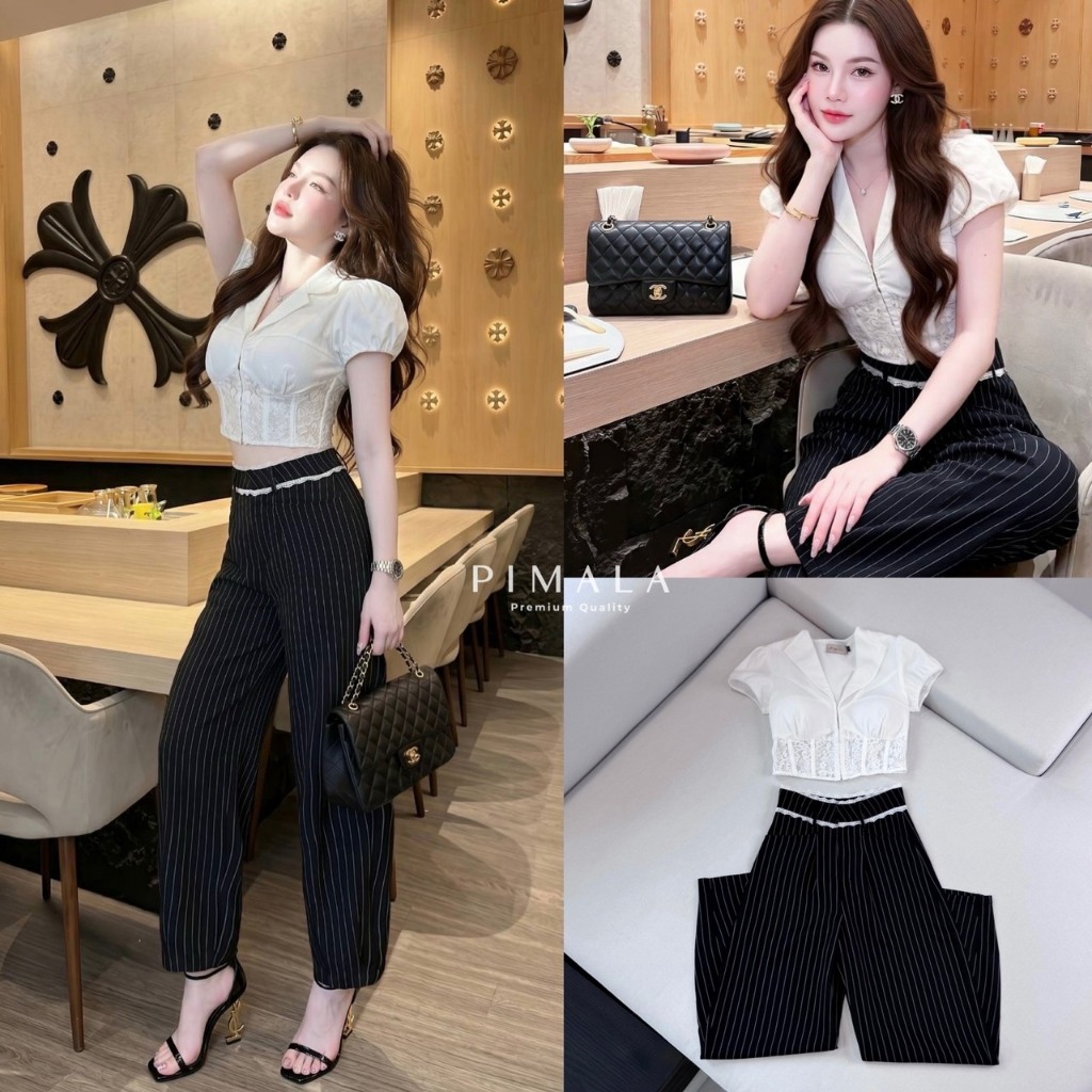 Pimala setเสื้อครอปแขนสั้น-กางเกงขายาว