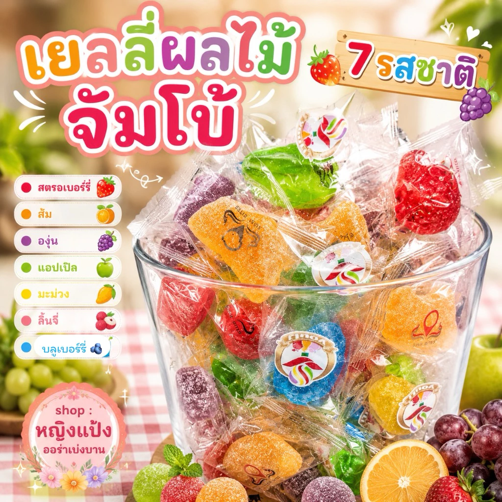 เยลลี่จัมโบ้ เยลลี่ผลไม้ แบบคละรส 7 รสชาติ หอมผลไม้ เคี้ยวหนึบหนับ เลือกรสได้