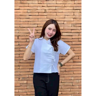 เสื้อพื้นเมืองผู้หญิงคอจีนกระดุมมุกป้ายผูกบัวดอกทิวลิป