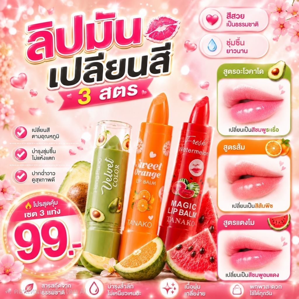 ลิปมันเป็นสี 3 แท่ง3 สูตร ส้มอะโวคาโดแตงโม มันบํารุงฝีปาก มีสีอ่อนๆ