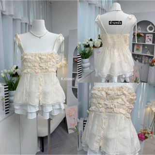 (อก28-40) เสื้อสายผูกระบายหวานพาสเทล เสื้อสายที่เดี่ยวผูกไหล่ ระบายหน้า สาวอวบใส่ได้อกถึง 40นิ้ว