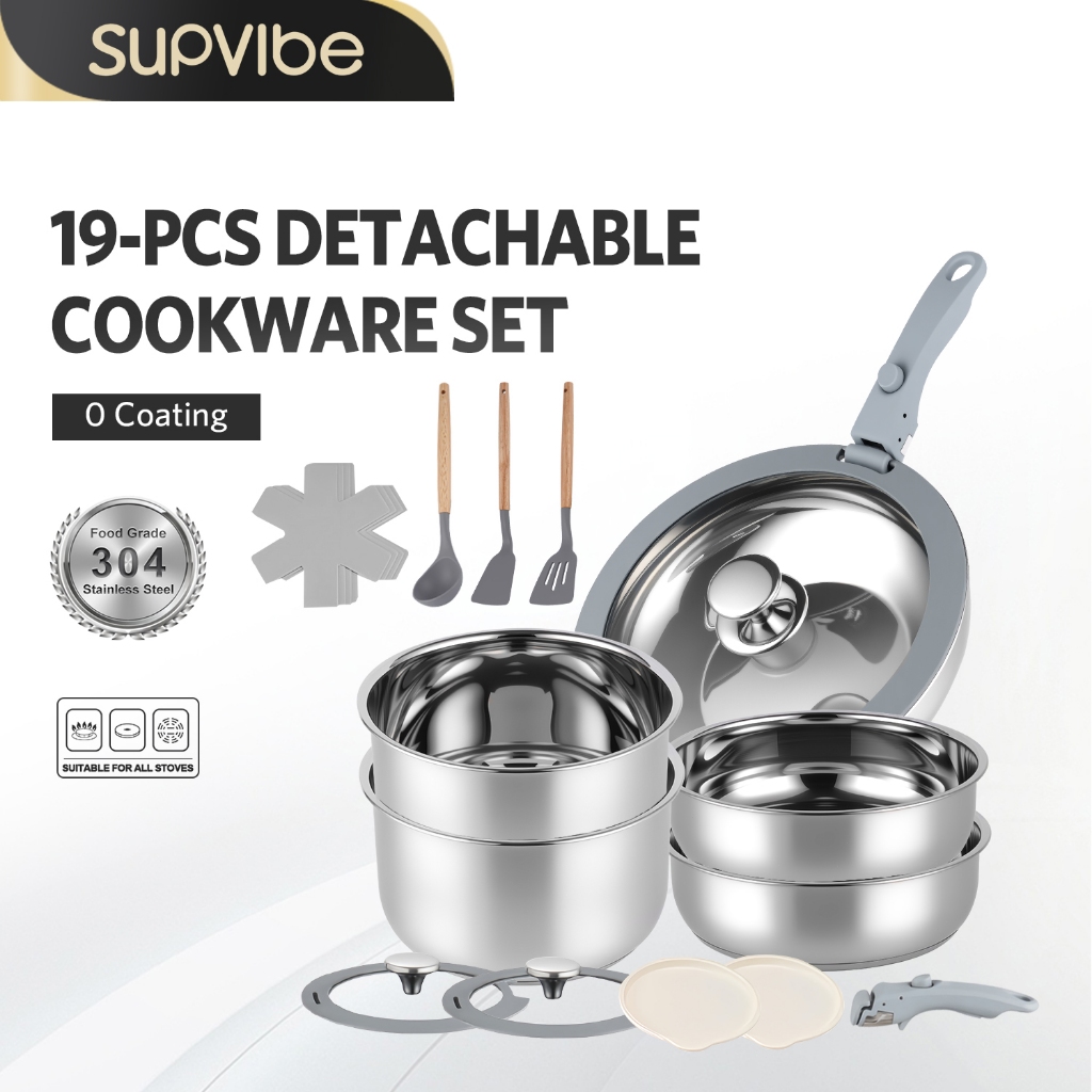 SUPVIBE ชุดหม้อกระทะ 19 ชิ้น สแตนเลส 304 พร้อมด้ามจับถอด ที่จับหม้อ เหมาะสำหรับเตาทุกประเภท ใช้ได้ในหลายสถานการณ์