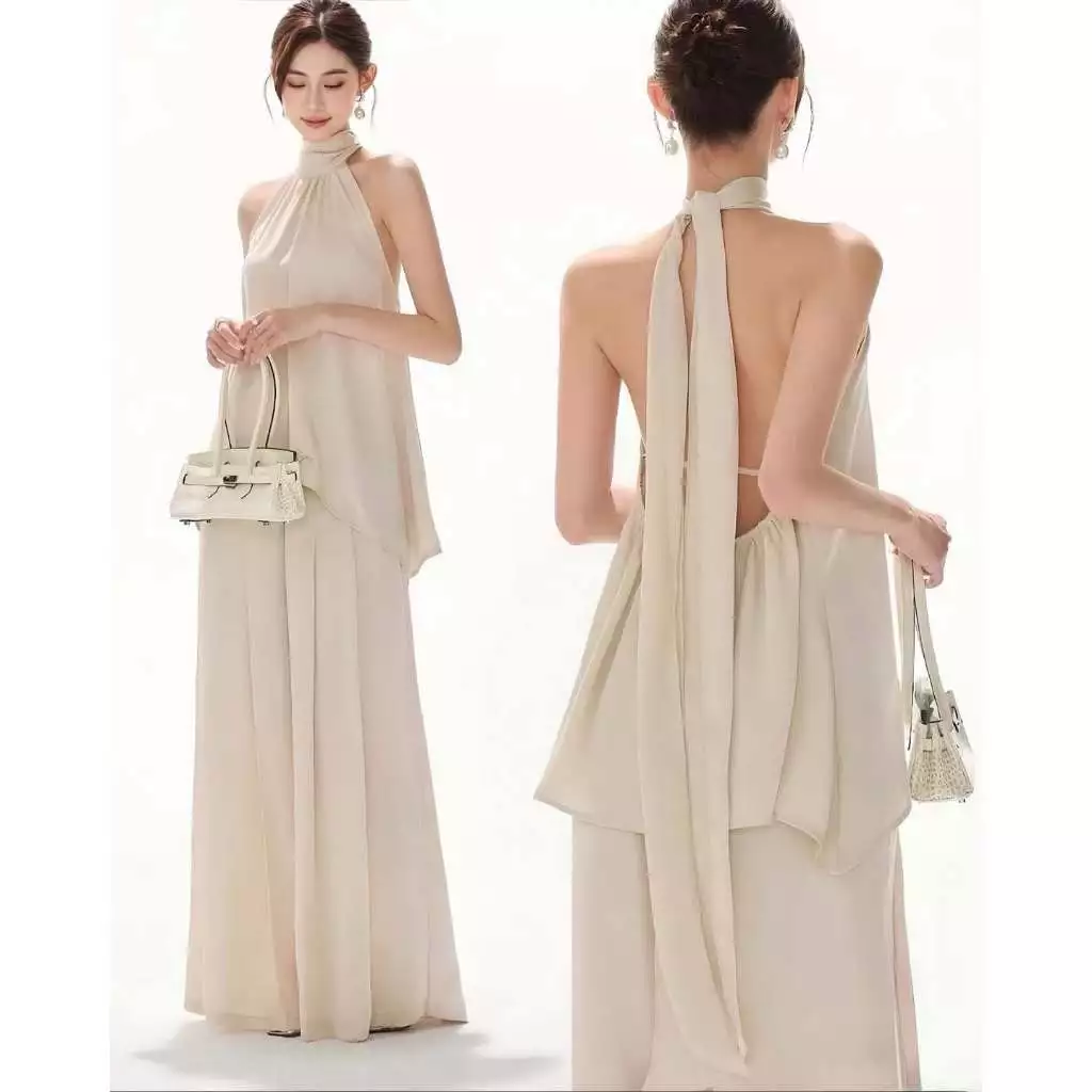 C15set - 2 สี: ดำ/ครีม ชุดเซ็ตเสื้อกางเกงขายาว ออกงาน ไปงานแต่ง