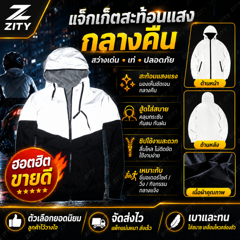 เสื้อฮูด3M reflect สะท้อนแสง ผู้ชายสะท้อนแสงคลุมด้วยผ้าแจ็คเก็ตแขนยาว กันลม ซิปปิดการออกแบบกระเป๋าคู่ปีนเขาเดินป่าวิ่งเส