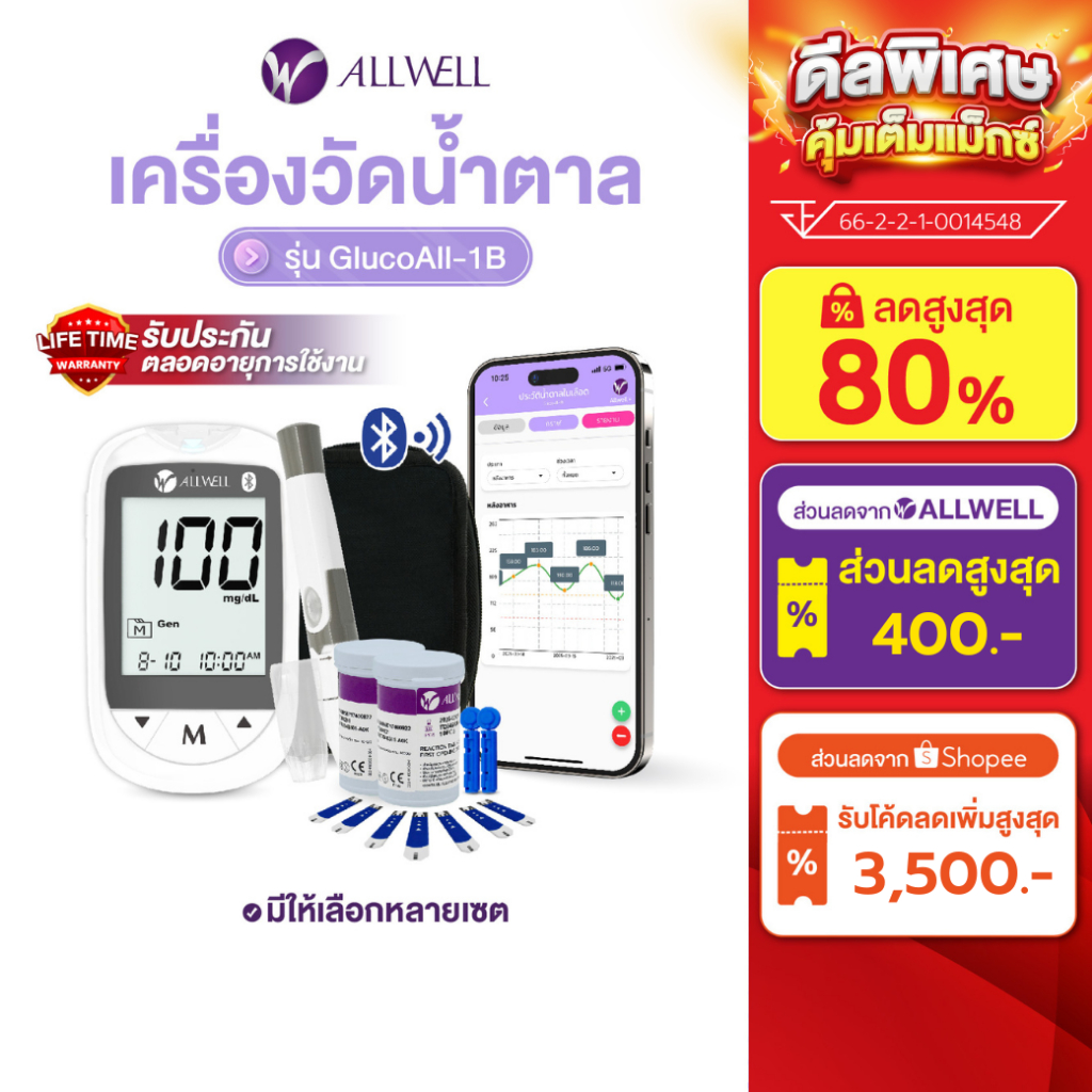 ALLWELL เครื่องวัดระดับน้ำตาลในเลือดและแผ่นตรวจ รุ่น GLUCOALL-1B มีให้เลือกหลายเซต น้ำตาลในเลือด เครื่องวัดน้ำตาล
