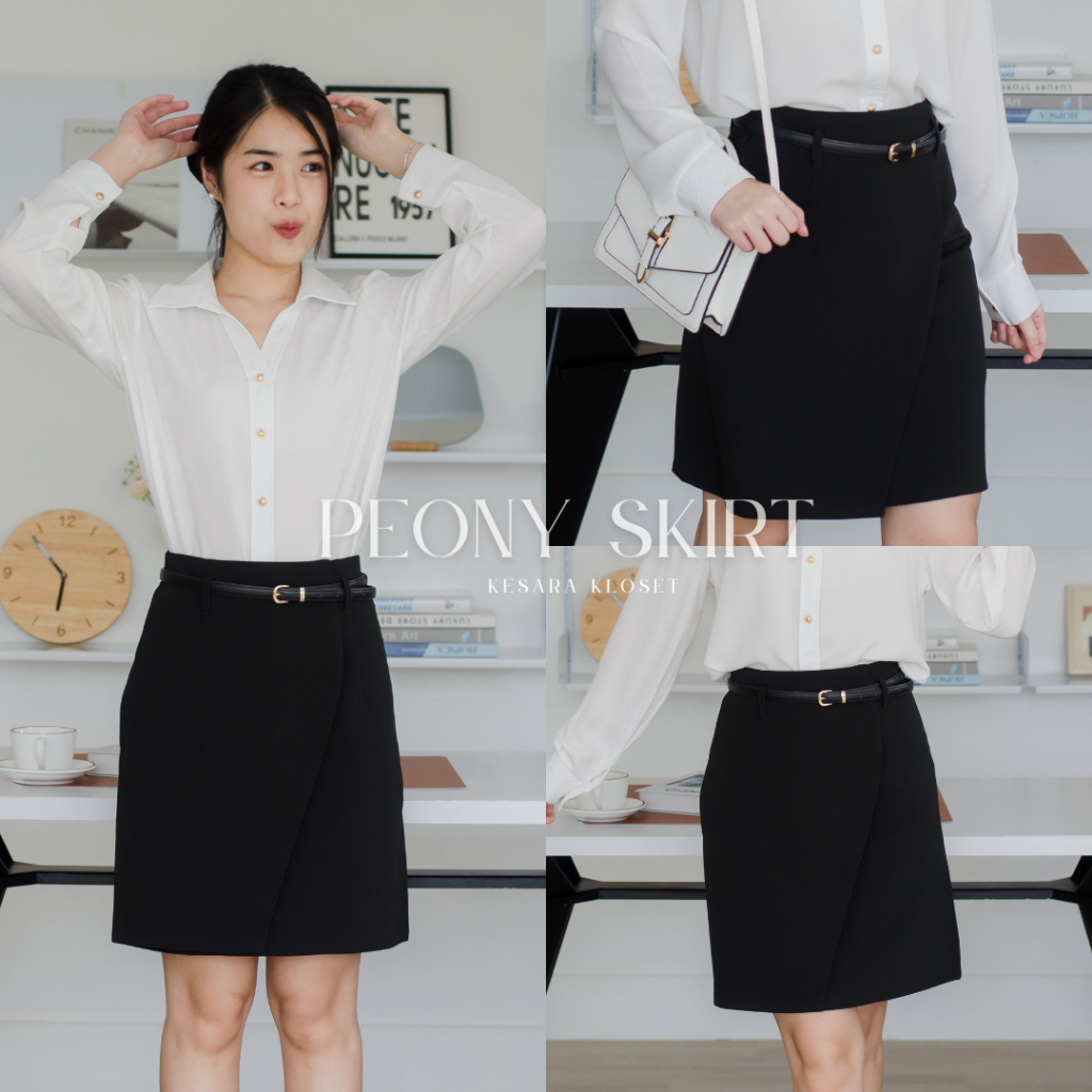 กระโปรงทำงานเอวสูง ทรงป้ายใส่เข็มขัด ยาว19' Peony Skirt