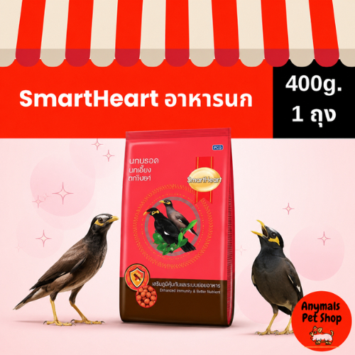 (ขนาด 400 g) SmartHeart อาหารนกขุนทอง นกเอี้ยง สูตรขนสวยเงางาม