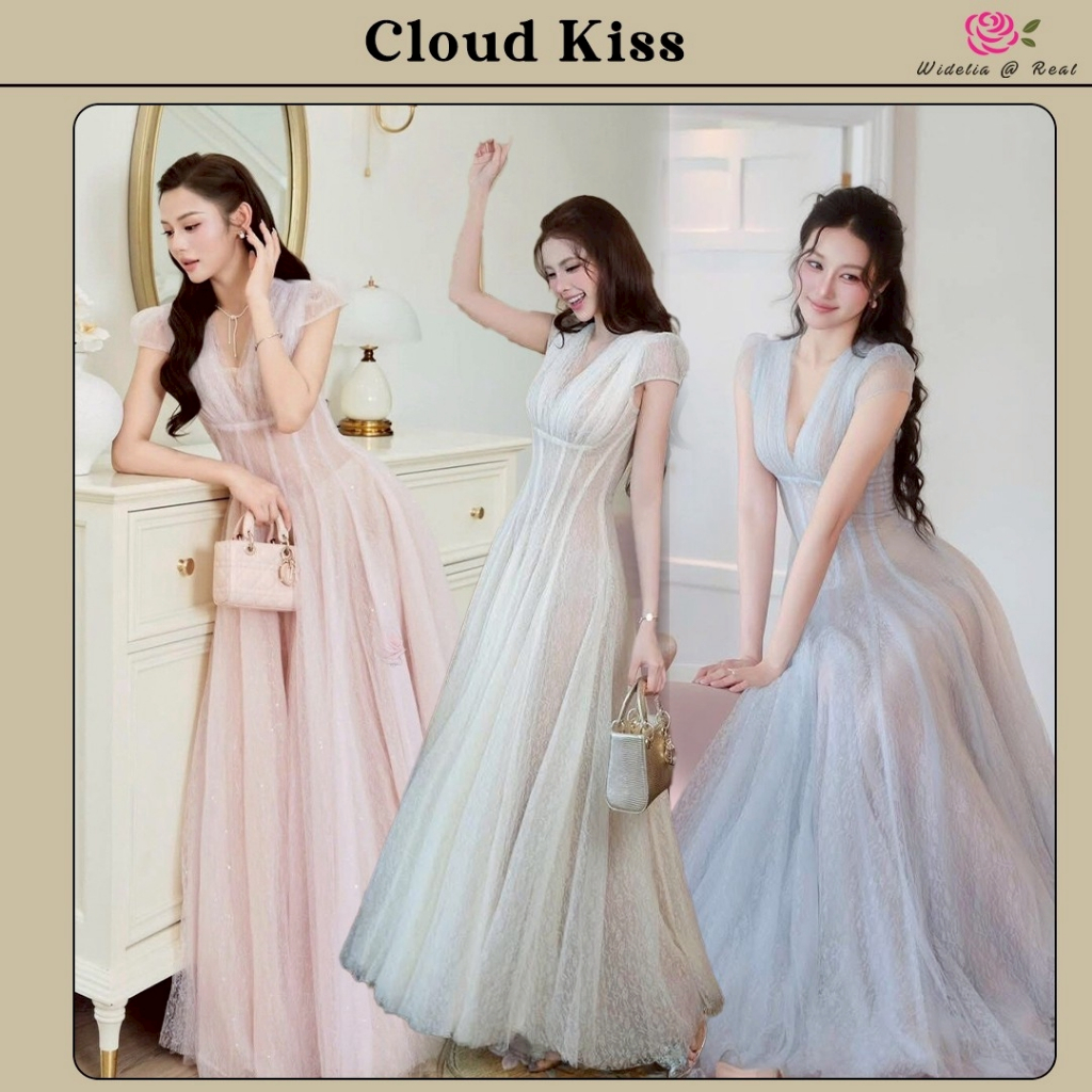 Cloud Kiss Dress 3 สี สีครีม/สีชมพู/สีฟ้า แม็กซี่เดรสตัวยาว แขนสั้น คอวีหน้า เว้าหลังมีกระดุมมุก อกเย็บจีบ เนื้อผ้ามุ้'