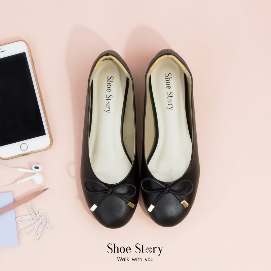 Shoe Story : รุ่น  Mori(หัวมน)  รองเท้าผู้หญิง รองเท้าคัทชู รองเท้าส้นแบน หนังนิ่ม ใส่สบาย สีดำ สีสุภาพ
