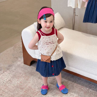 PRINCESS KESLI ชุดสูทเด็กผู้หญิงแฟชั่น 2 ชิ้น เสื้อเด็ก+กระโปรงยีน สไตล์เกาหลี ใส่สบายระบายอากาศ ฤดูร้อน 2-12 ปี