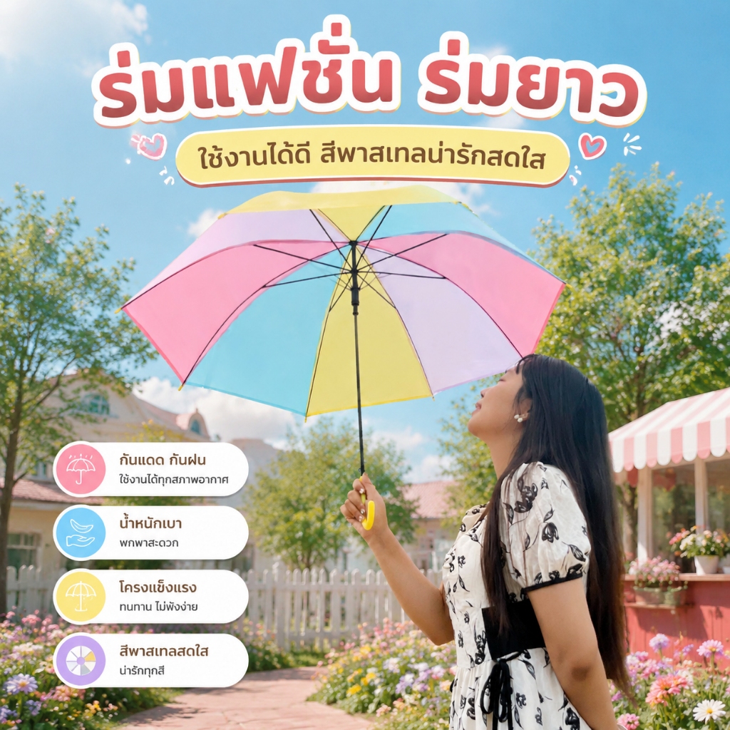 ร่มแฟชั่น ร่มยาว  กันทั้งแดดและกันทั้งฝน ใช้งานได้ดี สีพาสเทลน่ารักสดใส สั่งได้เลย ร่มฝน ร่มยาวเรนโบว์สีพาสเทล