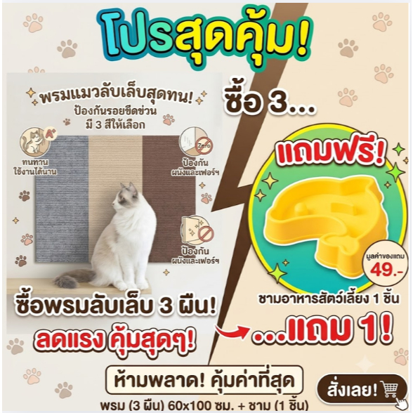 ซื้อ 3 แถม 1 พรมแมวลับเล็บ เสื่อลับเล็บแมว ป้องกันรอยขีดข่วน ที่ทนทาน (ขนาด 60x100ซม.) มี 3 สี