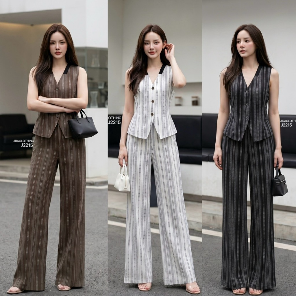 ๋J2215 เซตเสื้อกั๊กคอวีแต่งกระดุมหน้า +กางเกงขายาวทรงกระบอกลายทาง