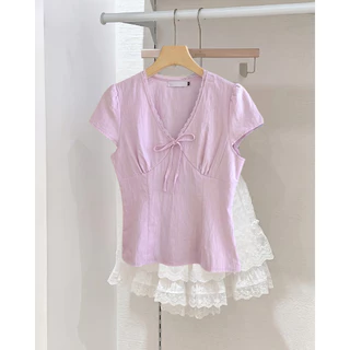 Rika Top เสื้อแขนสั้นน่ารักคอวีแต่งลูกไม้ Miladi [พรีออเดอร์ 1-2 วันเท่านั้น]