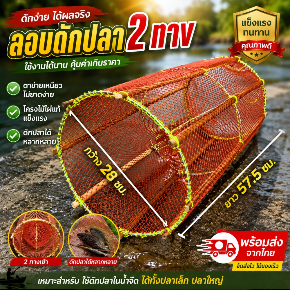 ลอบ ลอบดักปลา ลอบดักปลา 2 ทาง ลอบไม้ไผ่ 58 ซม. ลอบนอน ลอบนอนดักปลา ลอบสองทาง (ลอบนอนแดงสั้น)