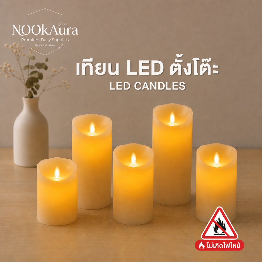 NOOKAURA เทียน LED เทียนปลอม เปลวไฟสะบัดเสมือนจริง มี 5 ขนาดให้เลือก สำหรับจัดเซ็ต ตกแต่งห้อง ไหว้พระ พร้อมส่ง