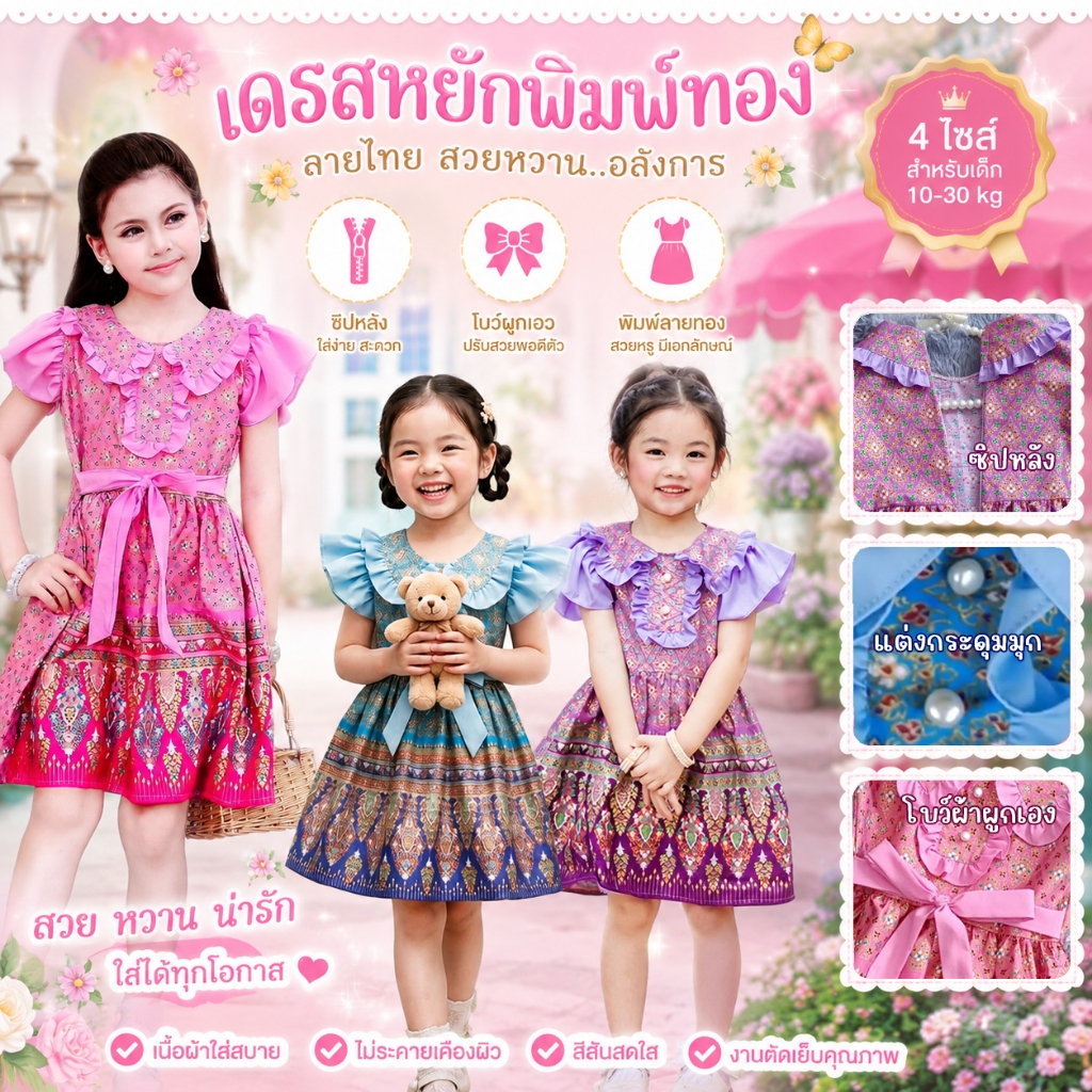 ชุดไทยเด็ก เดรสผ้าไทยเด็ก หยักพิมพ์ทอง ซิปหลัง แต่งระบาย ติดกระดุมมุก