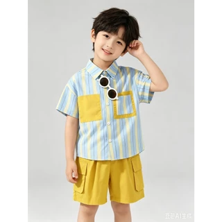 BB335 ชุดเด็กผู้ชาย 2 ชิ้น เสื้อเชิ้ตลายทางสีฟ้า กางเกงขาสั้นสีเหลือง