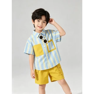 BB335 ชุดเด็กผู้ชาย 2 ชิ้น เสื้อเชิ้ตลายทางสีฟ้า กางเกงขาสั้นสีเหลือง